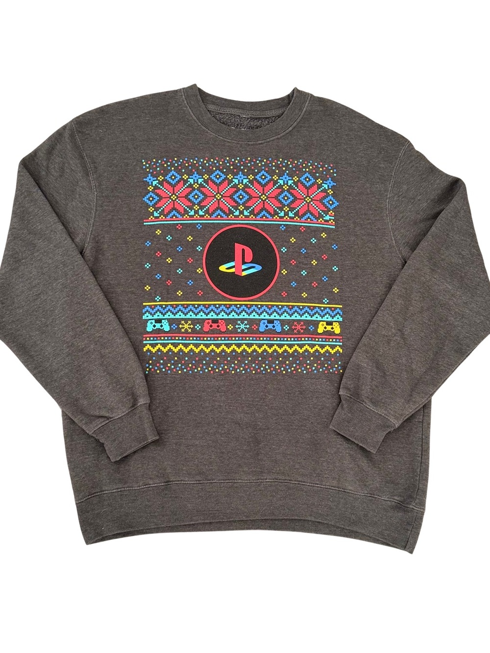 Sony Dark Gray Crewneck Sweatshirt with Multicolor Retro Gaming Print